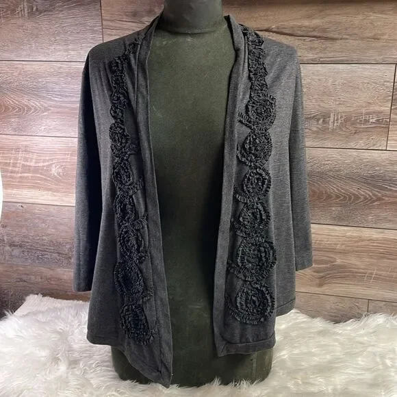Forever Fashion Ladies Cardigan, Size Petite Small, Black with Cloth Floral Trim