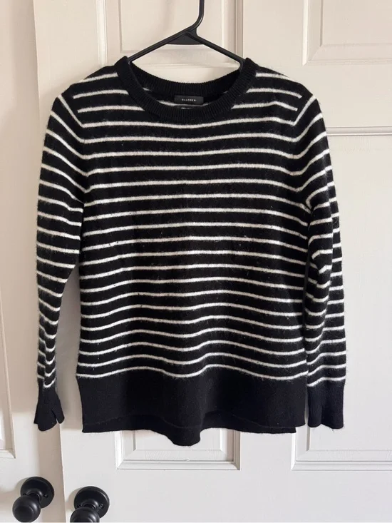 Halogen black and ivory stripe crewneck 100% cashmere sweater S