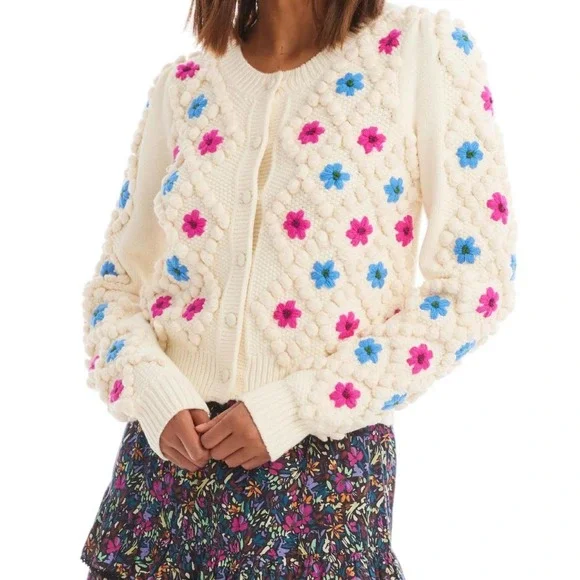 Allison New York Cottagecore Embroidered Pom Cardigan Cream Floral Sweater Small