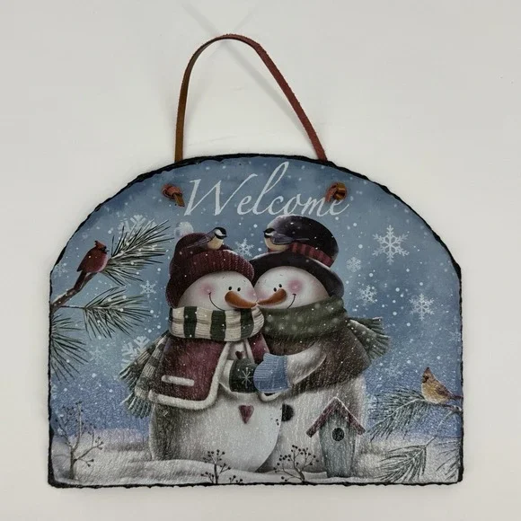 Winter Snowman Welcome Sign Slate Rustic Farmhouse Christmas Decor Cozy Country