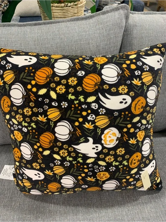 Magaschoni Black Halloween Pillow with Orange and White Pumpkins & Ghosts