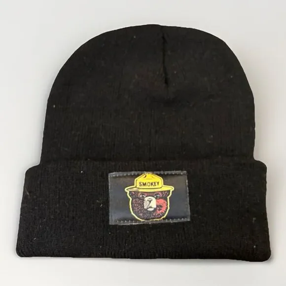 Smokey Bear Black Knit Beanie Hat Cuffed Winter Cap Forest Service Logo