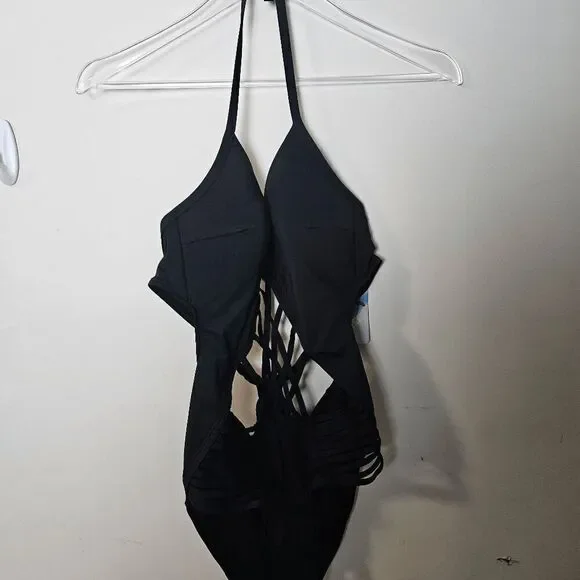 Sports Wear Strappy Cut Out One Piece Swimsuit NWT Womens Black Size Large