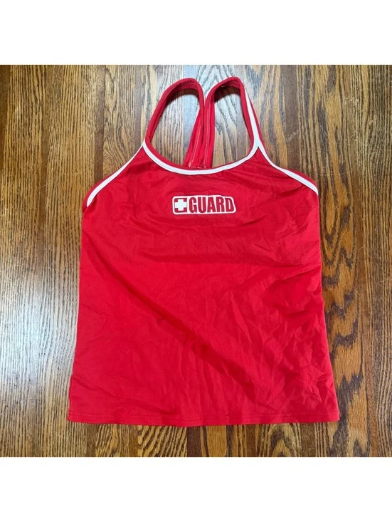 Dolfin Guard Lifeguard Tankini Top Red White Trim Crossback Swim Size M