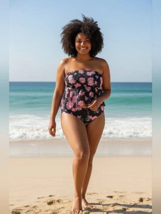 Black and Pink Floral Bandeau Tankini Set