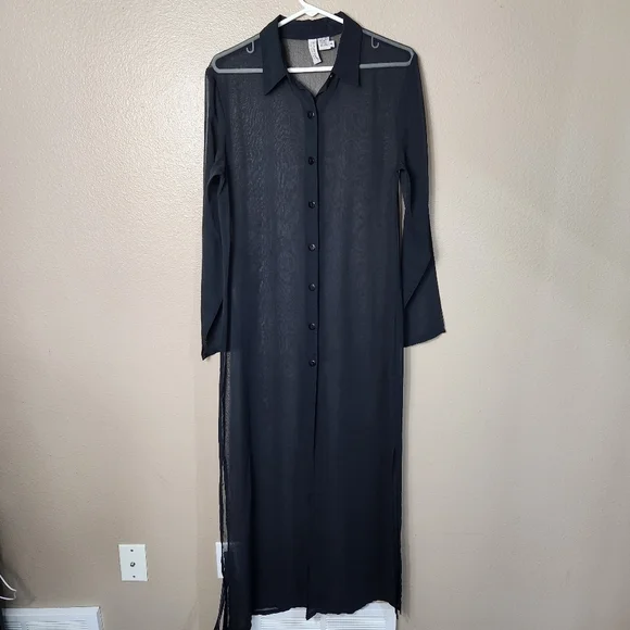 Sun Streak by Newport News Womens |M| Black Sheer LS Maxi Cover Up Dress w/Slits