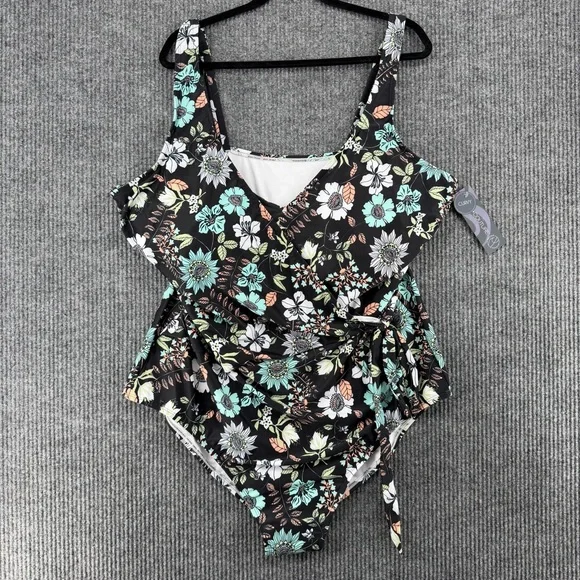 NWT Plus Size Floral Wrap‎ One Piece Swimsuit Ruffle Tummy Control 3X
