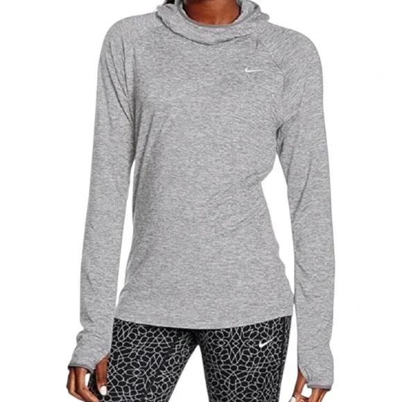 NIKE Dri Fit Heather Gray ELEMENT RUNNING HOODIE Lightweight Cowl Thumbholes XL