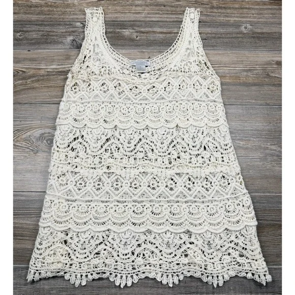 Solitaire Crochet Lace Beige Cotton Tank Coverup MED Beach Boho Resort‎ Beach