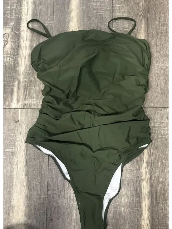 Women's Olive Green Ruched One Piece Swimsuit Padded Tummy Control Size 12