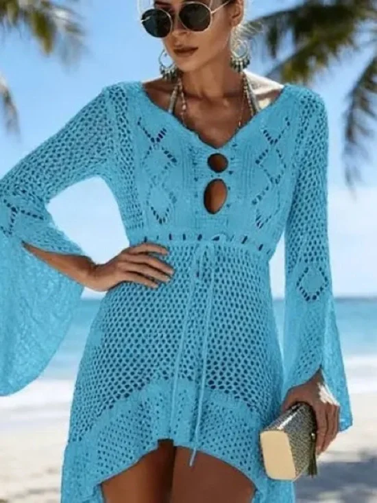 Turquoise Crochet Openwork Tunic with Tie Waist