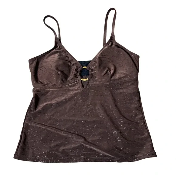 Ocean Dream Glitter Swirl Tankini Swim Top Womens 8 Brown Gold Ring Adjustable