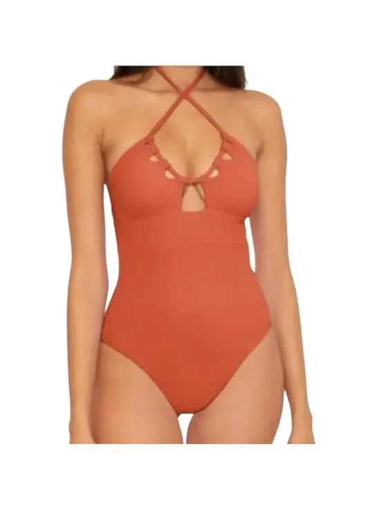 BECCA cut out textured tie back One Piece swimsuit rust orange size M $138 New