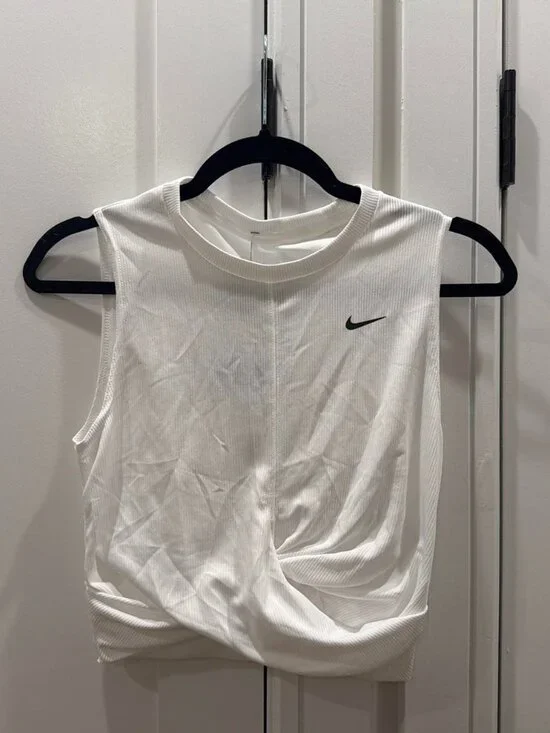 White Nike cinched tank top with black swoosh