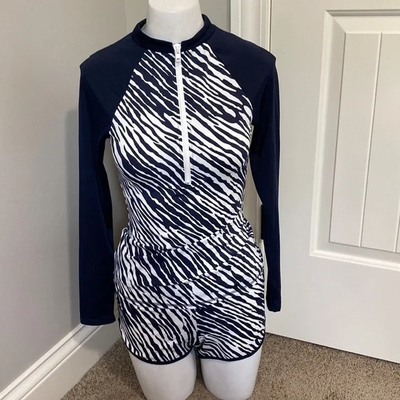 BODEN Piping Swimsuit Zebra Print Set Long Sleeve Top AND Bottom Size 4