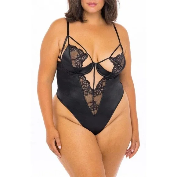 OH LA LA CHERI Satin & Lace Underwire Thong Bodysuit Black Women's Size L