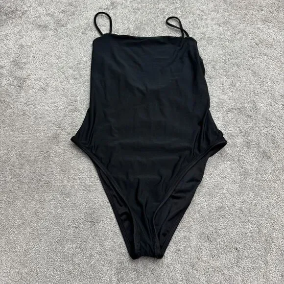 VYB Cami Straight Neck High Cut Open Back One Piece Swimsuit Women Medium Black