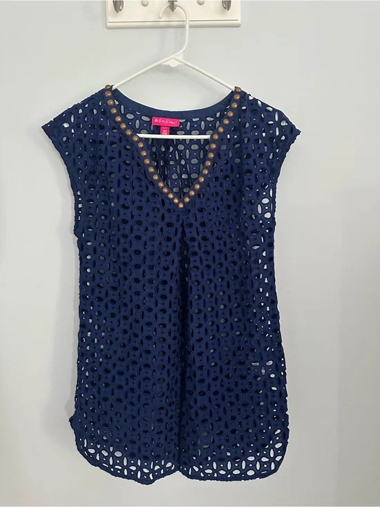 Lilly Pulitzer Navy Blue Eyelet Cover Up with Gold Stud Neckline- XS
