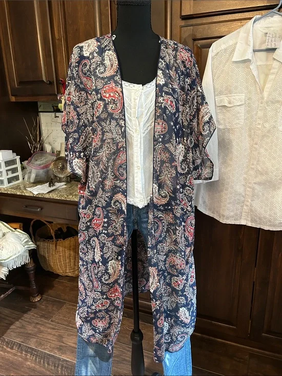 Try!This Sz M Women's Navy Paisley Sheer Duster