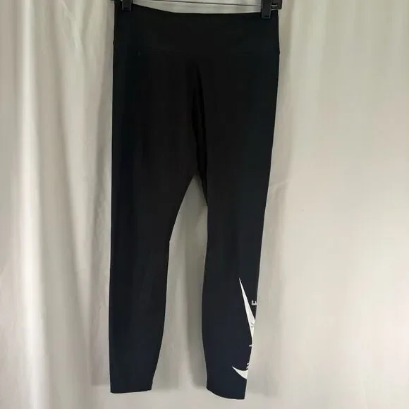 Nike Leggings Women's Medium Black Graphic Print Swoosh Pull On 25.5