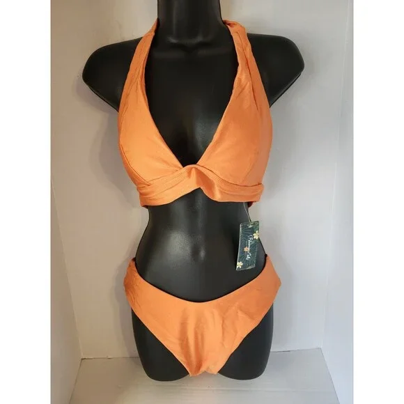 Blooming Jelly 2 Piece Size Mediu High Cut Bikini Halter Top Swimsuit Orange NWT