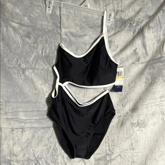 NWT Black  White One-Shoulder Swimsuit women’s cut outs high waist hi cut thighs