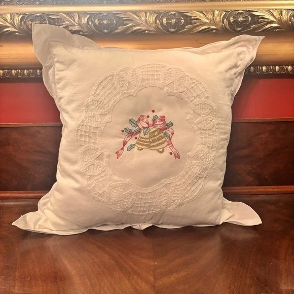 Vintage Christmas Pillow White Lace‎ Doily Bells Embroidered Holiday