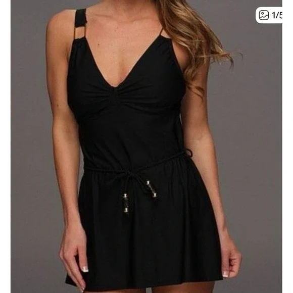 Spanx Black Belted Swim Dress Cover Up Gold‎ Accent Detail Swimsuit NWT Vacation
