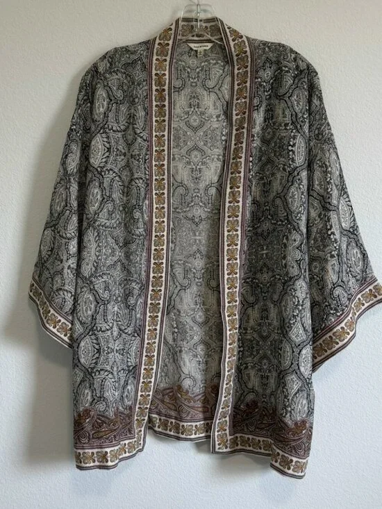 Max Studio 3/4 Kimono Sleeve Paisley Boho Open Front Cardigan Cover Up Size L