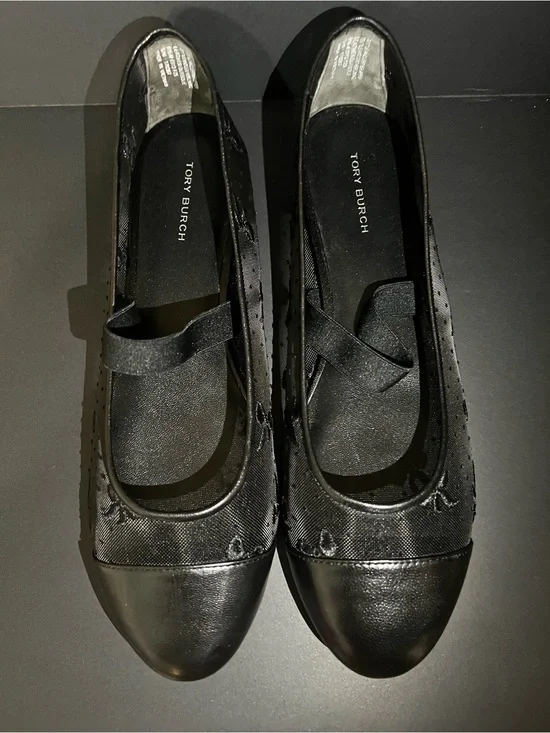 New Tory Burch Black Textured Ballet Flats with Elastic Strap