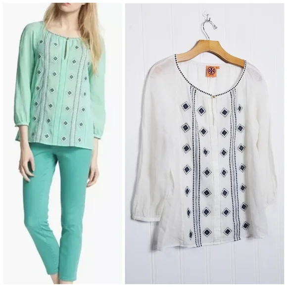 Tory Burch Blouse 6 Lucille Embroidered Cotton Linen Boho Ivory Navy Resort Chic