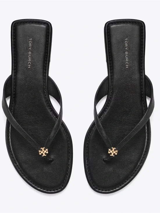 Tory Burch Black Leather Logo Thong Sandals