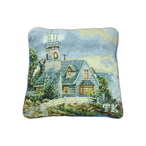 Thomas‎ Kinkade Decorative Wool Needlepoint Pillow Lighthouse Cabin Square 13x13