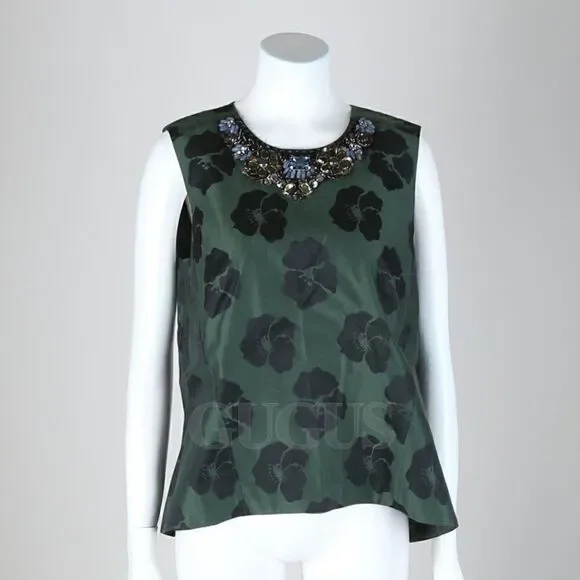 Tory Burch Silk Green Top Blouse Сrystallized Size 2