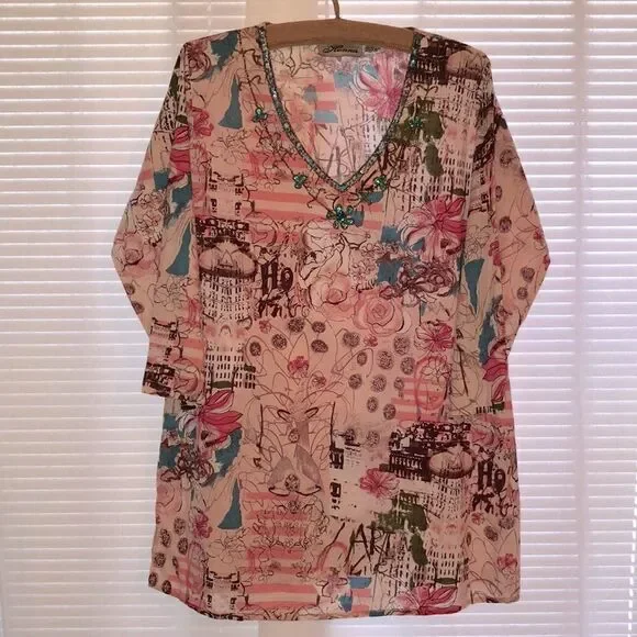 Henna L Cotton Pink City Scapes Floral Swim Tunic Cover Up