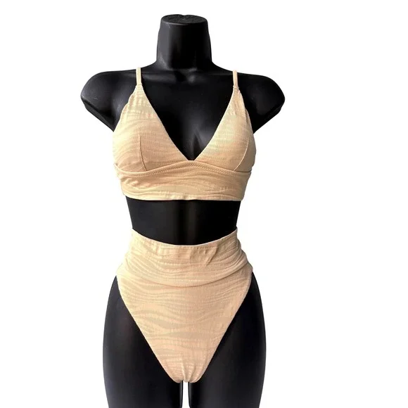 Aerie‎ Real Good Tan Textured Triangle Bikini Top High Cut Cheeky Bottom Set XS