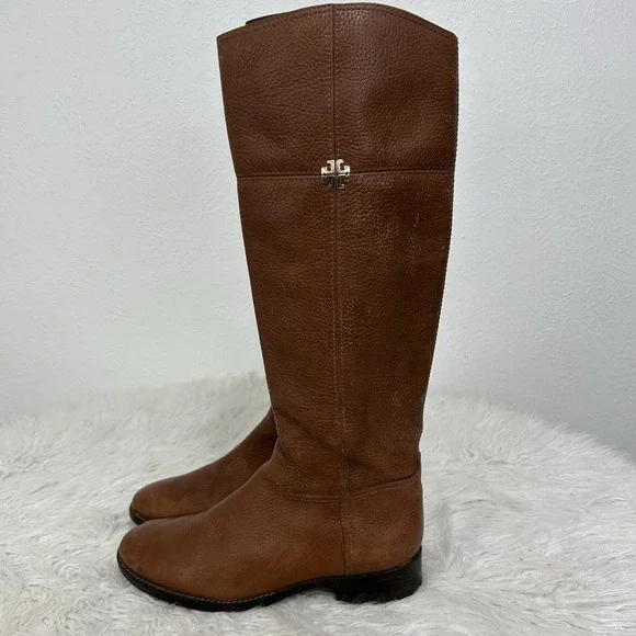 Tory Burch Boots Women's 7M Rustic Brown Tall Riding Jolie Pebbled Leather Boots