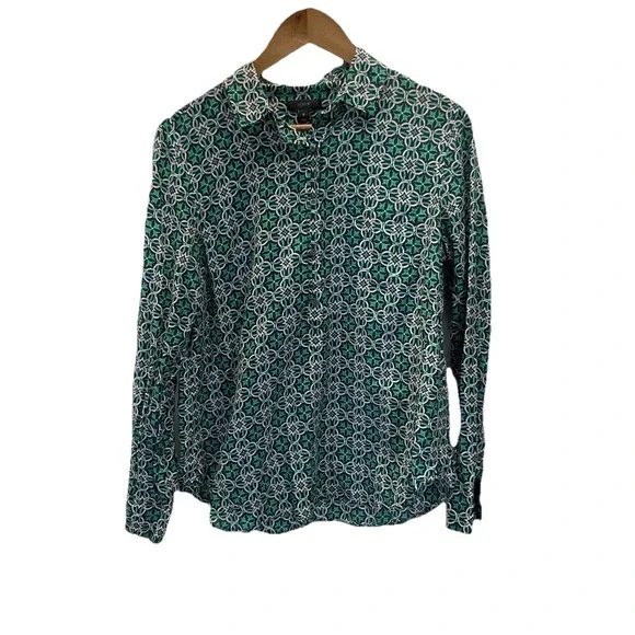 J. Crew Womens Top Size 12 Green Blue Printed Tunic Shirt Long‎ Sleeve Silk Blnd