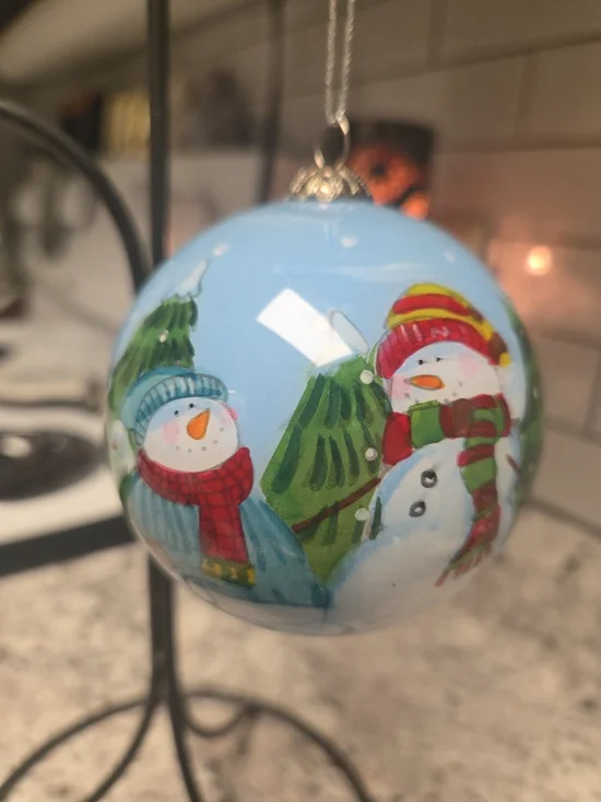 Pier 1 Light Blue Snowman Glass Ornament with Red & Green Accents 2013