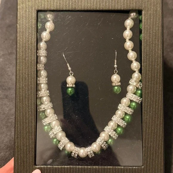 Green and white pearl necklace and earring set with rhinestones