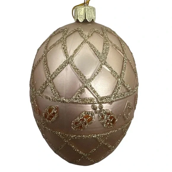 Champagne Pink‎ Blown Glass Egg Christmas Ornament Gold Glitter Trellis 4