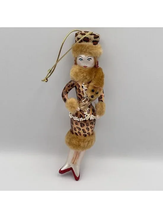 Ladies With Elegance Fashionista Glass Ornament Leopard Dress Hat Fox Stole 7”
