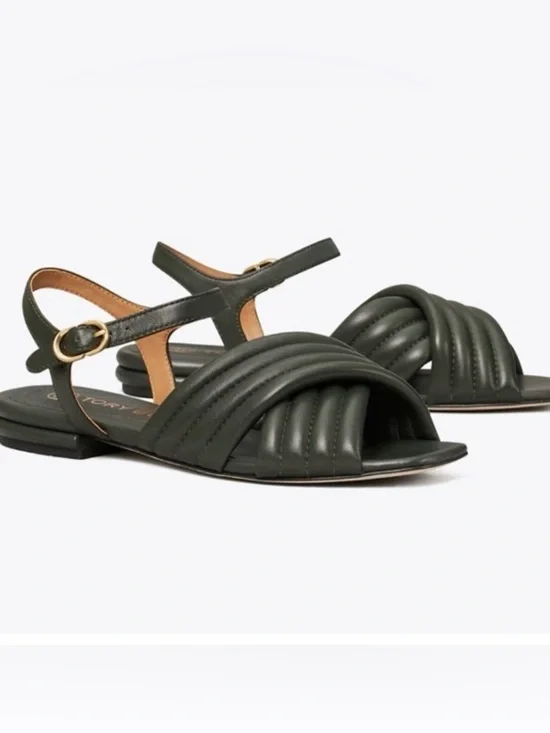 TORY BURCH KIRA QUILTED ANKLE STRAP SANDAL RICH DARK GREEN GOLD HARDWARE SZ 7