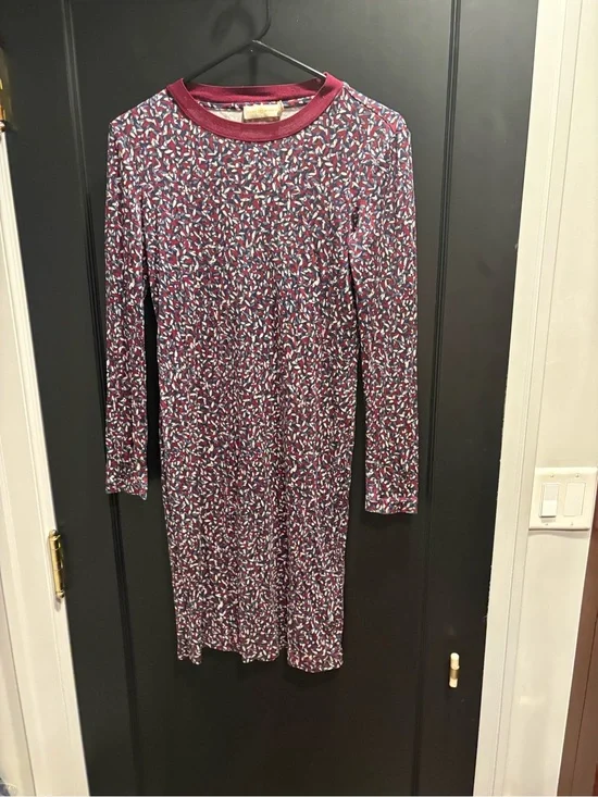 Tory Burch Maroon Multi-Print Long Sleeve Dress 100% silk size xs
