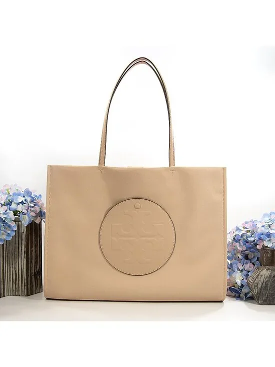 Tory Burch Ella Rose Silk Taupe Nylon Leather Large Tote Bag NWOT