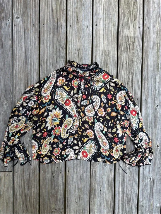 ZARA | Black Boho Chic Paisley Floral Tie Neck Ruffle Romantic Goth Blouse | S