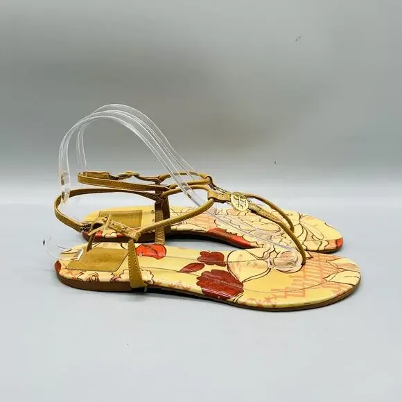 Tory Burch Sandals Womens 7.5 Tan Patent Leather Floral Thong Logo Flats