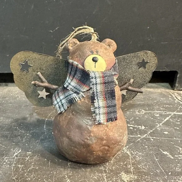 Vintage Chubby Bear Angel Resin Country Rustic Christmas Tree Ornament -‎ 3.5