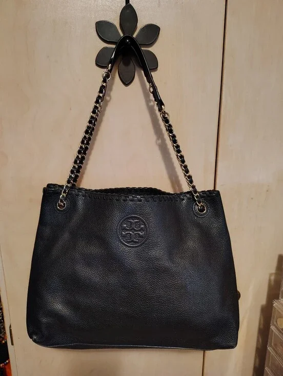 Tory Burch Marion Black Pebbled Leather Tote