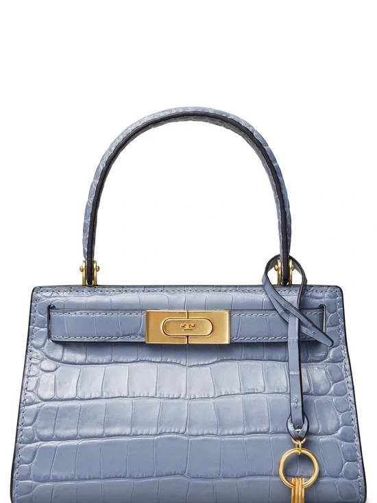 Rare Tory Burch Powder Blue Croc-Embossed Top Handle Bag with Gold Hardware